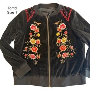 Torrid Womens Black Velvet Floral Embroidered Bomber Jacket Size 1